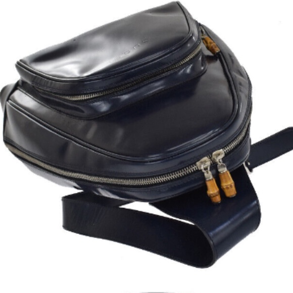 GUCCI Logo Bamboo Shoulder Bag/Backpack Navy Blue Leather Made In Italy - Picture 5 of 9
